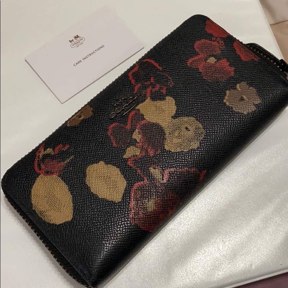 Coach accordion zip wallet. Black & red floral